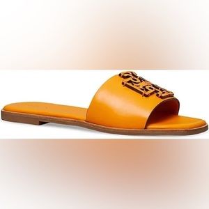 Tory Burch Ines Leather Logo Slides Size 8.5M Orange Citrine NIB